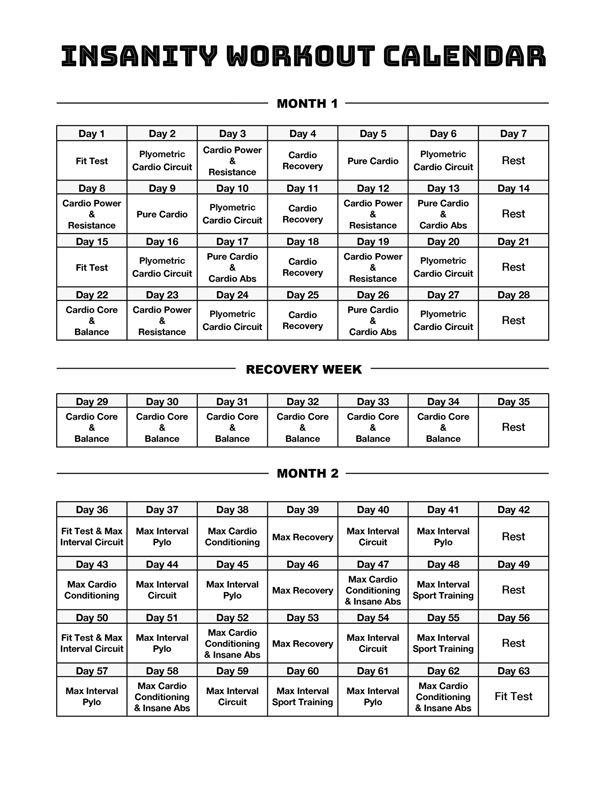 Beachbody Insanity Max 30 Workout Calendar Kayaworkout co